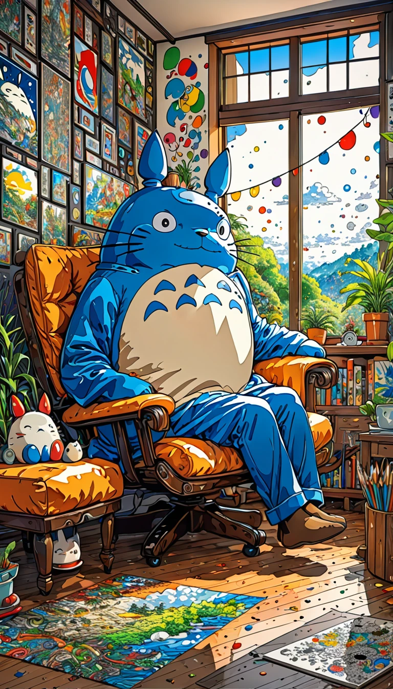 Takashi Murakami Style,(((Totoro))),study,(((Dozing off while sitting on a chair))), 8K Quality,Intense watercolor, Detailed watercolor art, Watercolor splash, Surreal, avant-garde pop art, Beautiful and expressive paintings, Beautiful artwork illustration, Very colorful tones, wonderful, Cool beauty, highest quality,Official Art, Vector art, Stylish design, ((Totoro)),(((dozing off1.9))), (((den1.9))),in the room, (((highest quality))), HDR, ((detailed)), (((Doodle Art)), ((masterpiece)), ((Super detailed)), (((Stylish))),