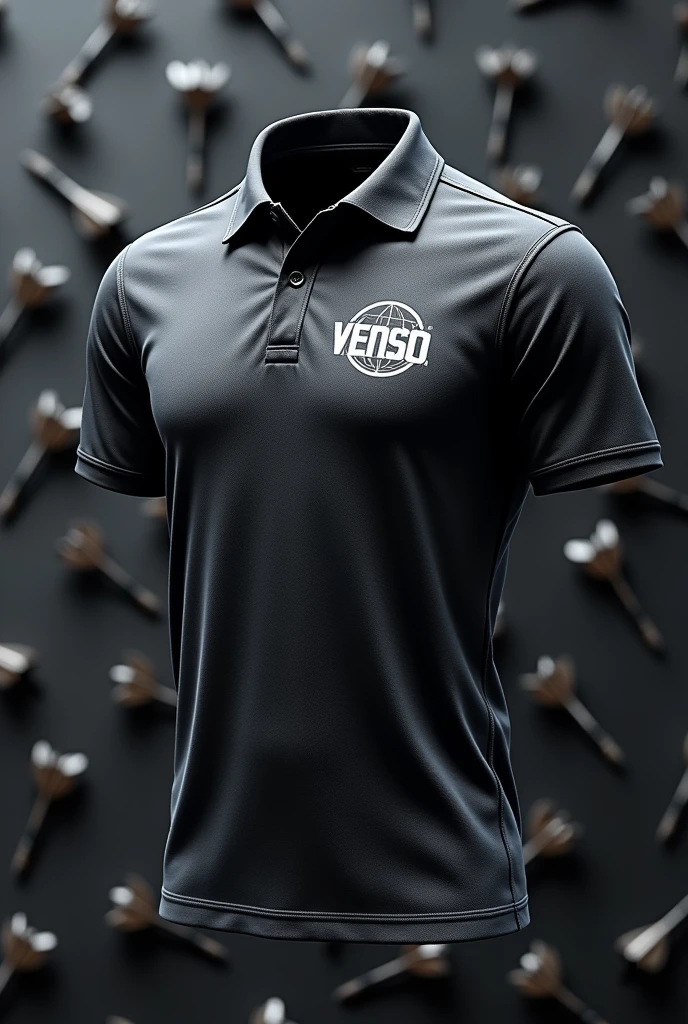 create sublimated dart polo shirt with VENSIO INDUSTRIES letters on it without wear with dart background