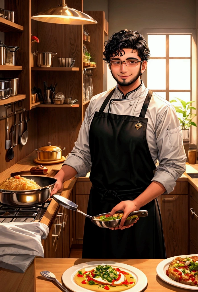 Create a warm, inviting scene set in a professional kitchen. Zaid, a young man in his late teens, stands confidently at the center, focused on plating a beautifully arranged dish. The kitchen is bustling, with shiny utensils, pots, and pans in the background. The lighting casts a golden glow, highlighting Zaid's concentration and the artistry of his work. To the side, an older chef watches with a proud smile, symbolizing the passing of knowledge and the growth of Zaid's skills. The atmosphere should convey a sense of accomplishment, determination, and the supportive environment that helped Zaid transform his life.