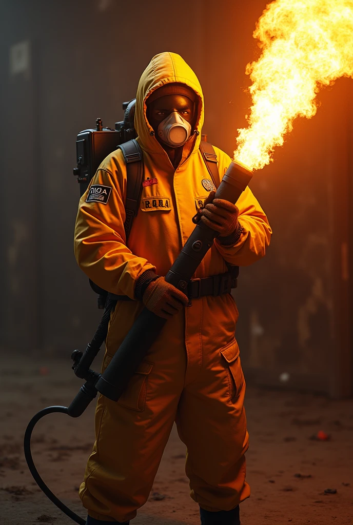 Hazmate cdc with RQA written on their shirt, using flamethrower
