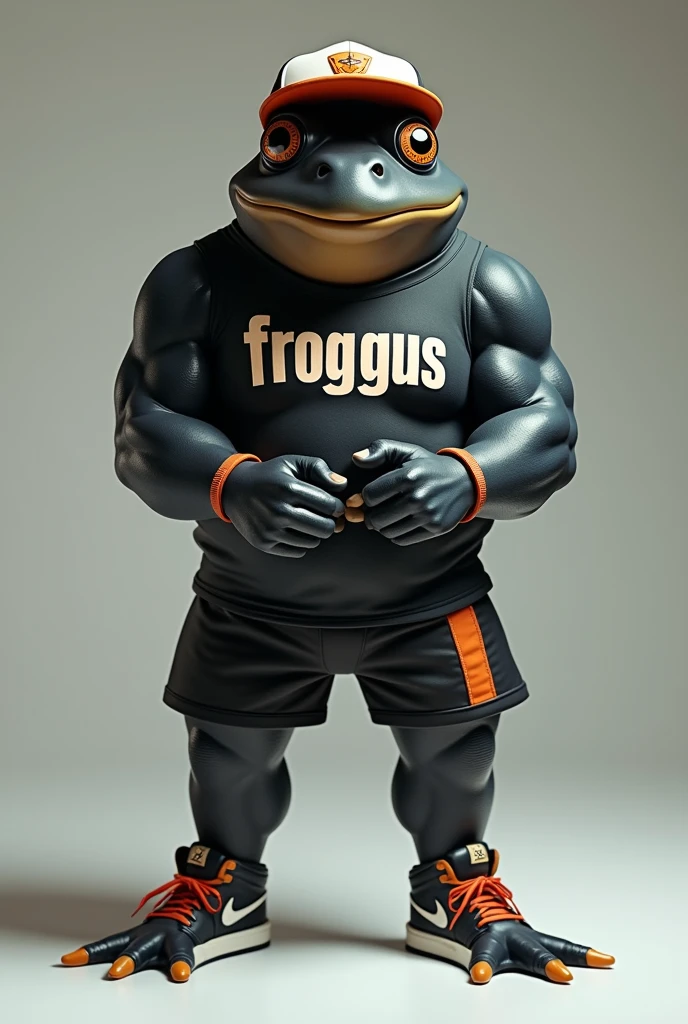 Humanoid black frog with athletic body, meme type, wearing cap, Froggus t-shirt, shorts and sneakers, uncuffing his hands