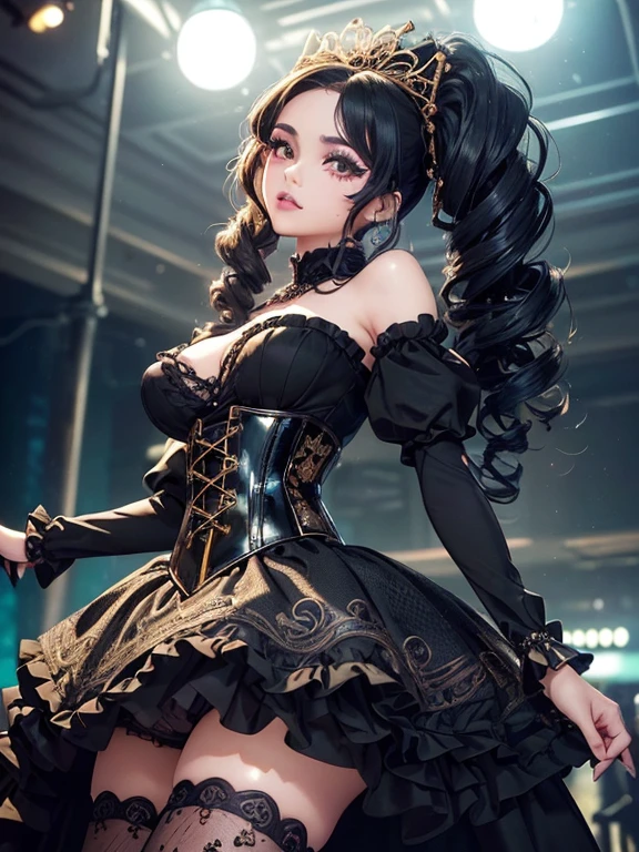 (1 girl 1.3) (extremely detailed 1.3) (anatomically correct, High precision, realistic skin) (RAW photo, Super detailed, advanced details, intricate details,), (Lighting: Face lighting, Ray tracing, reflective light, Structurally correct) ((Background: back room of a nightclub 1.3)) (Subject: beautiful Asian, mixed Asian, bronze skin, woman with hair in black curls and coils) (wearing: glamorous detailed embroidered gothic ta rave, corset, teal and black, neck wrists and fingers, wearing elegant gold and black high heel boot new rocks),((beautiful big eyes looking up at the viewer, black shiny lipstick, perfect Asian goth cyber makeup))
