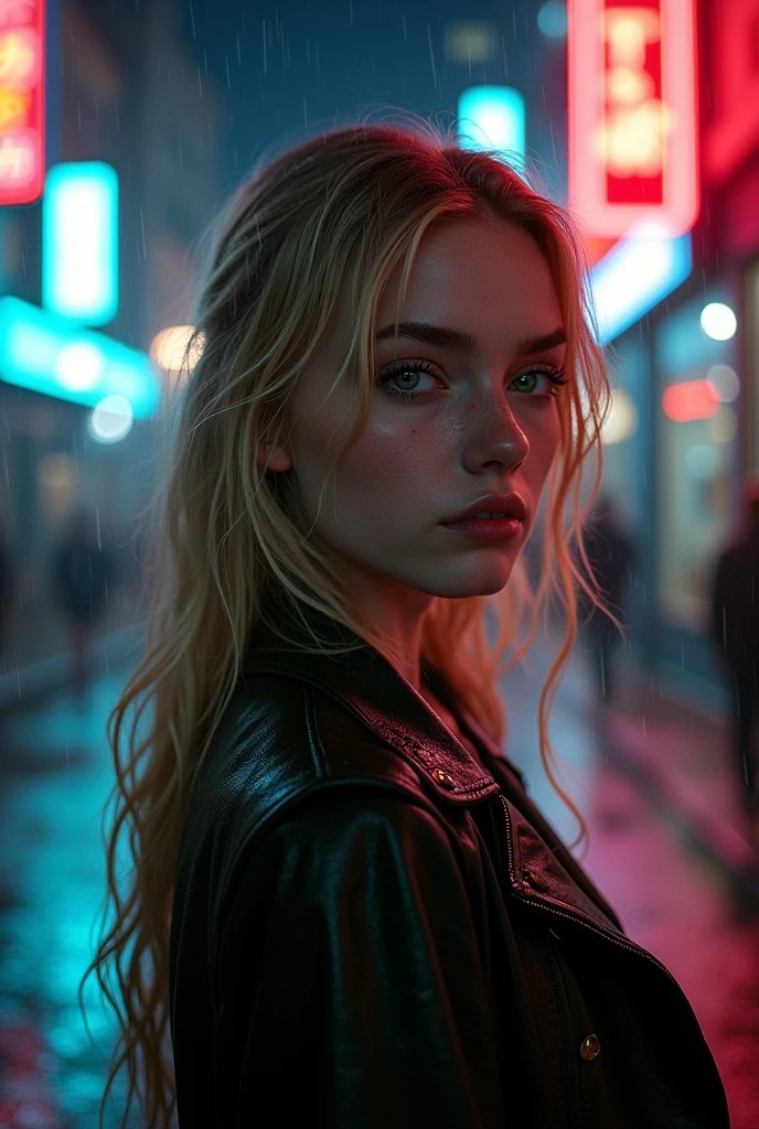 fille de 18 ans blonde aux yeux vert sur une photo a moyenne distance dans une ville dans la nuit sous la pluie avec beaucoup de néons