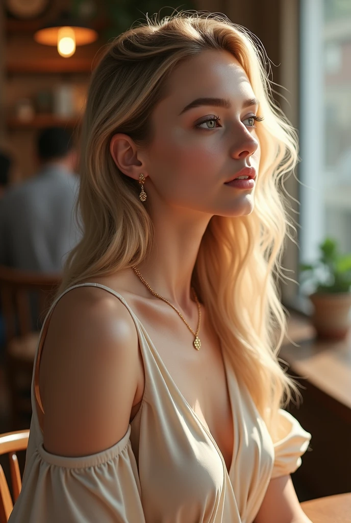Create the image of a relaxed and stylish woman. She has light hair and is in profile. She is wearing a beige dress. She has a gold necklace and earrings and is in a coffee shop.