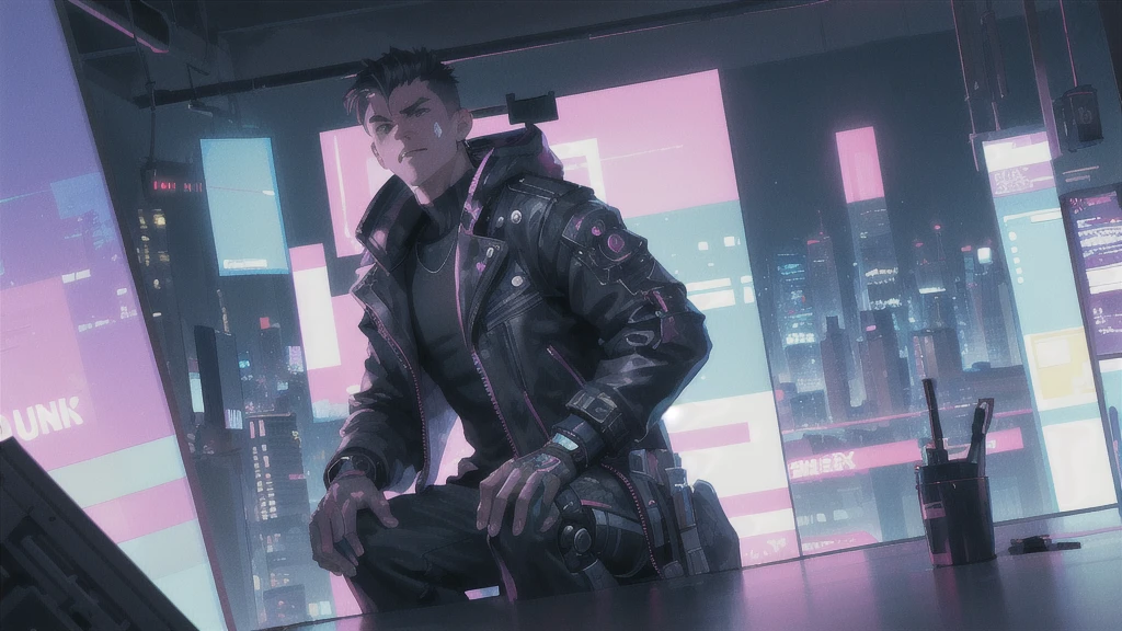 A high angle shot of a city at night, Cyberpunk atmospheres, Cyberpunk atmosphere, Cyberpunk art style, in Cyberpunk City, Cyberpunk themed art, Cyberpunk dream world, cyberpunk in a Cyberpunk City, Cyberpunk City, beautiful Cyberpunk City, in a Cyberpunk City, Cyberpunk aesthetics, Cyberpunk Street, Cyberpunk art, at a Cyberpunk City, Cyberpunk Cityscape, Cyberpunk aesthetic,In the foreground of the screen is a young man, with a large window separating him from the background, resting his chin on his hands.