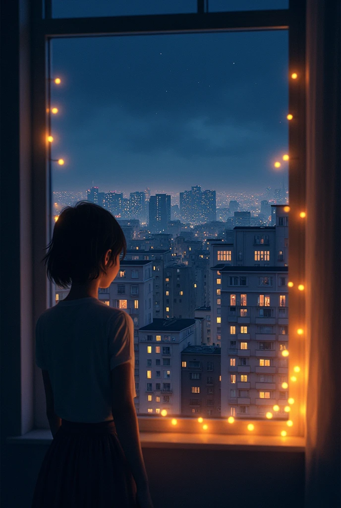 View from an apartment window, looking out onto the windows of other apartments next door at night, image full of lights
