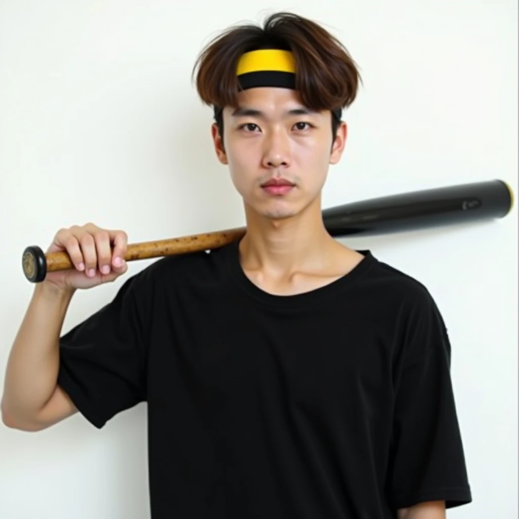 Remaja pria korea memakai kemeja hitam
dengan rambut berwarna coklat memakai headban berwarna kuning hitam expresi dingin dan cuek ,ultra hd,ultra 4k,realistis, background putih, foto sepinggang,kedua pose tangan memegang tongkat bisbol yang di sandang di bahu sebelah kiri,pose kepala agak mendongak ke atas