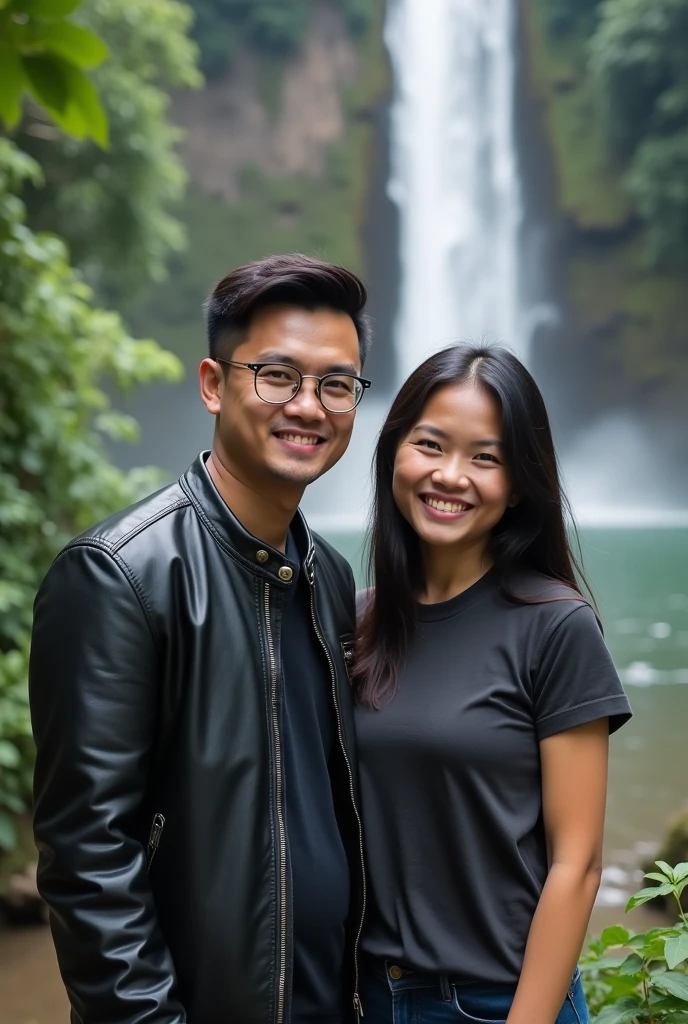 Portrait of a slightly chubby Indonesian young man wearing a slim black leather jacket and a young woman wearing a t-shirt,Selvi is taking a photo with a young man in front of a waterfall tourist spot,real best quality