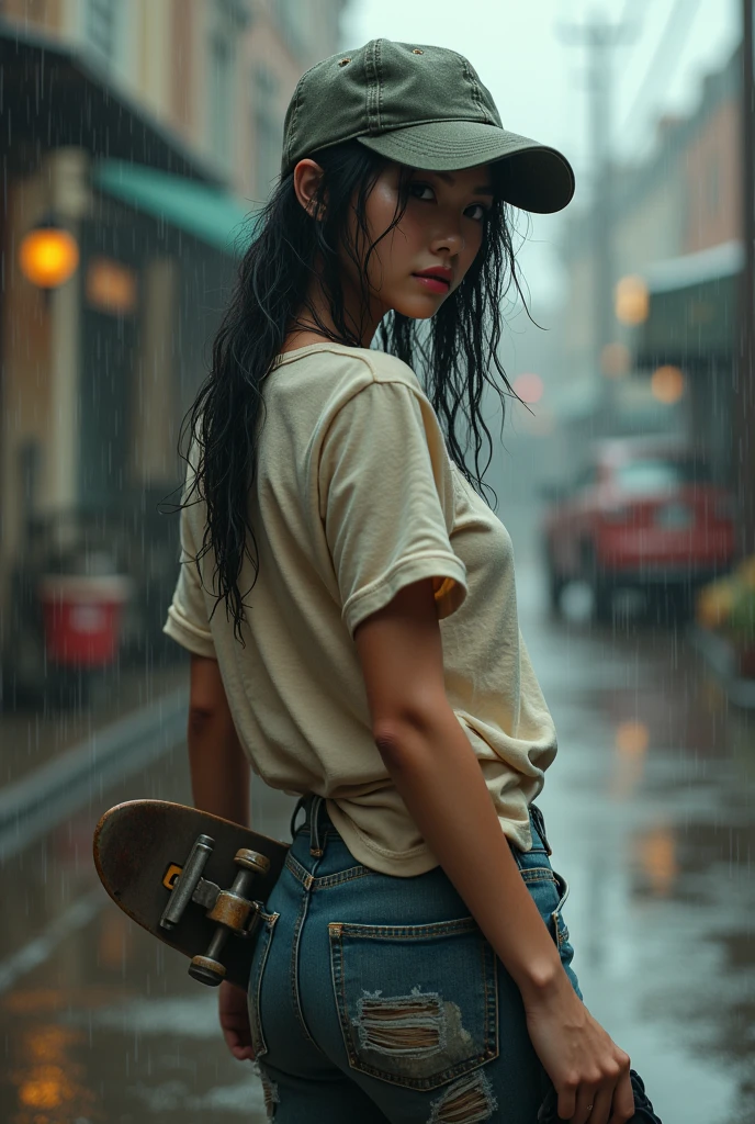 ８K,realistic photo、realistic skin texture、A beautiful Japanese woman living in America＆He turns around holding a Wesson M442 compact revolver.、Dirty and torn oversizedＴshirt、baseball cap、Dirty high-top Vans sneakers、Holding a skateboard in one hand、It's raining and your clothes are wet、A town in chaos、face、moving action pose、cool composition、