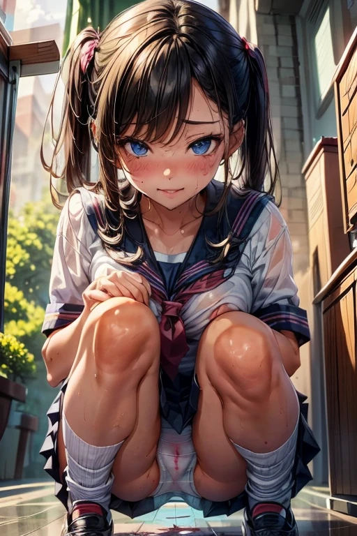 Sexy school girl, ((soaking wet)) on her knees,((( pees her panties ))), peeing, drooling
