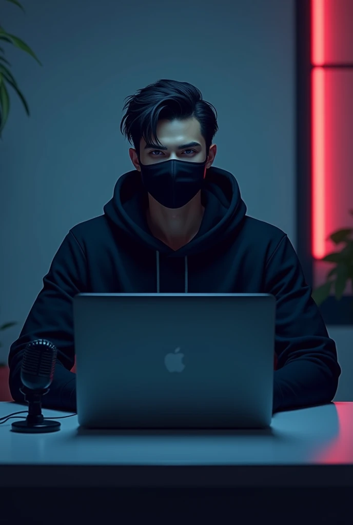 Create an anime-friendly looking
male business character who appears
handsome and smart. He has a good face
and is wearing a black face mask and a black
hoodie. The character is sitting behind his
laptop in his office, with his arms on the desk.
It is night, and the room features volumetric
neon lighting. The character is front-facing to
the camera, looking straight and centered. This
is a central portrait with an audio microphone
on the desk near his mouth. The character's
face should occupy about 1/3 of the image size.
He is sitting straight, front view, and centered,
looking straight ahead. The overall ambiance
of the image should convey a connection to
minimalism, with flat illustration, bold lines,
simplification, and a gouache illustration style.
The image should be in 8K resolution.