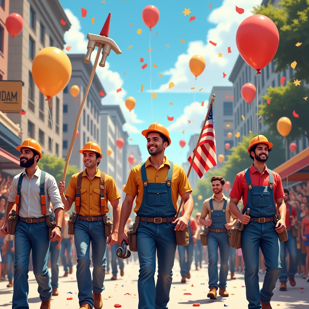 An outdoor parade celebrating Labor Day with workers marching proudly, holding flags and tools, with confetti falling around them and large balloons shaped like tools floating above