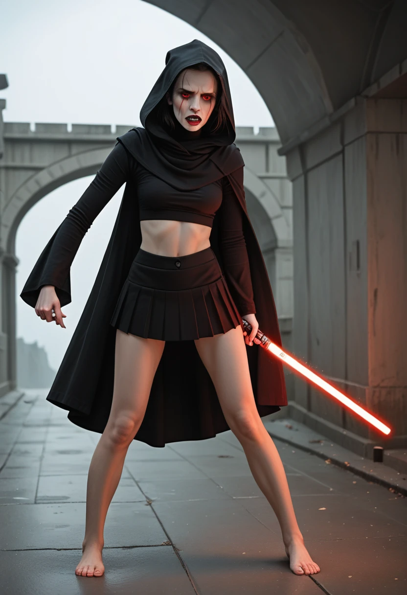 Sith Rey Skywalker, red eyes, holding a red lightsaber, wears a cleaveage dark blouse with a hood, and a mini skirt, standing in hanging bridge of the death star, dinamic pose, behind there is a robot, orgasm face, barefoot, upskirt