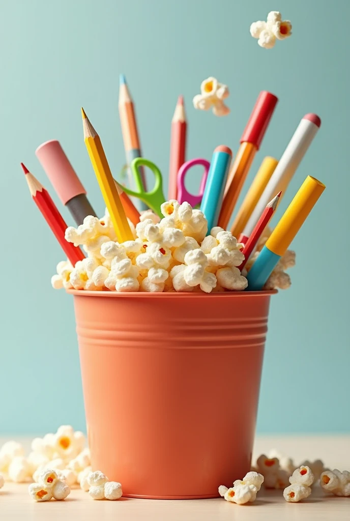 School supplies inside a popcorn bucket 