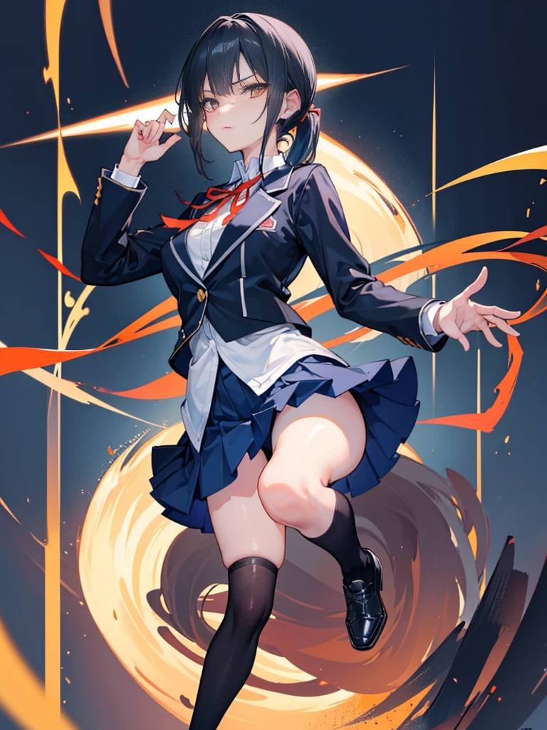 One Fighting Girl, ponytail, Black Hair, Slender body,Thin chest,Slanted Eyes, Thin chest, height: 155cm,Illustration effect, High School Uniform,Navy Blue Blazer,White blouse,Orange ribbon,Gray knee-length flared skirt,Navy blue knee socks,Black shoes,High-speed kung fu action,High Kick,High resolution, masterpiece, Accurate, Anatomically correct, number々Awards, Highest quality, corruption, detailed, High resolutionモデル, 高いdetailed, retina, Very detaileded, Textured skin, 超High resolution, vision, Background Blur, Lens flare, Anatomically correct, Anime Style, 