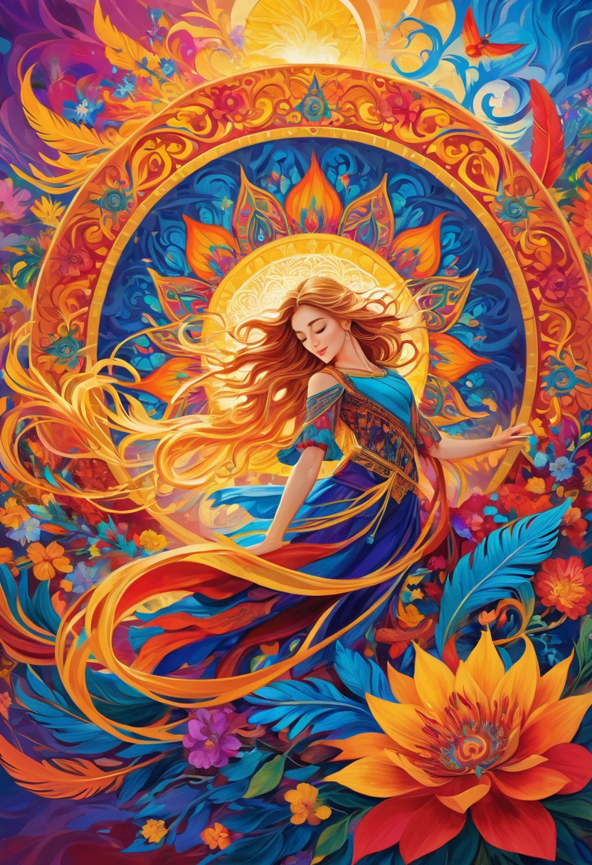 Official Art, Unified 8k wallpaper, Super detailed, beautiful Beauty, beautiful, masterpiece, Highest quality, (Tangled, Mandala, Tangled, Intertwined), (Flower Ecstasy: 1.2) Dynamic Angle, Cowboy Shot, The Most beautiful Chaotic Forms, Elegant, Fauvist design, Bright colors, Romanticism, atmosphere, Golden Crow, Sun God, feather, fire,