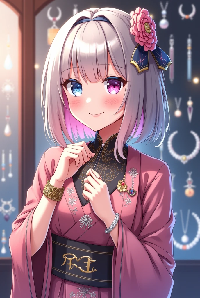 Anime Adult woman 3, shoulder length hair with long bangs, silver color with pink highlights, bicolor eyes, colors right light blue and left pink, friendly smile, japanese clothes, pose checking jewelry, jewelry background.