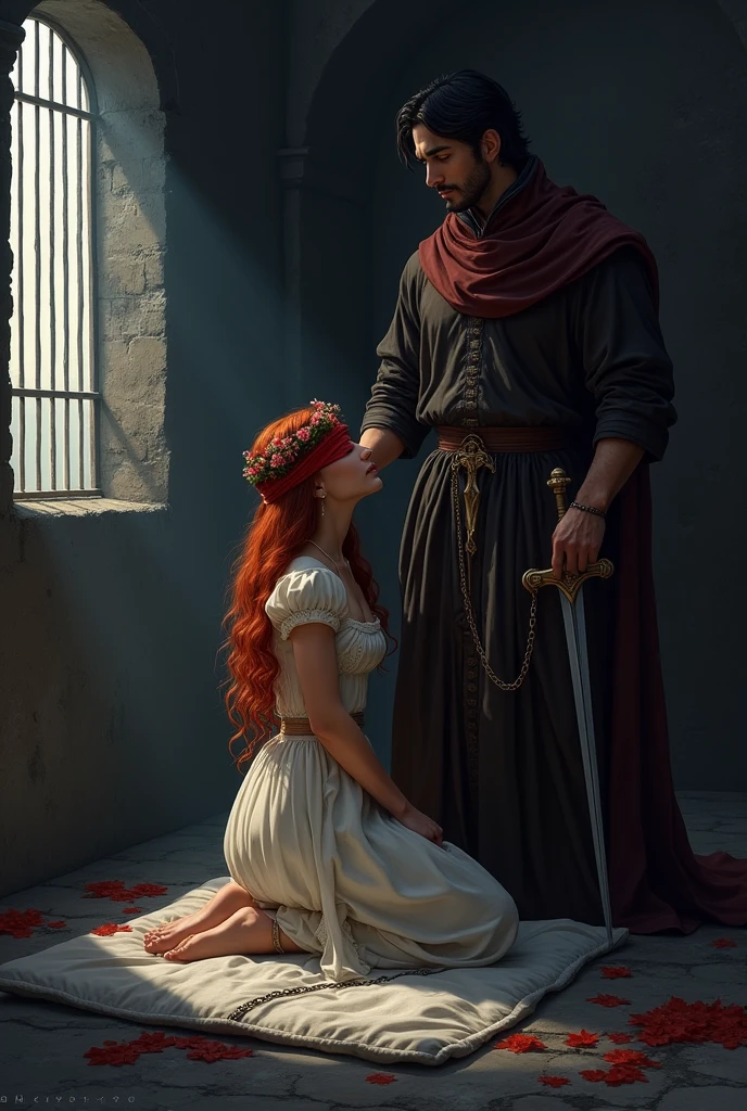 Cadre : un cachot sombre avec des barreaux a une fenetre.

Fille: Elle a les cheveux long rouges et ondulés avec une couronne de fleurs elle est a genoux sur un matelas au sol effrayé autour de sa cheville il y avait une chaîne elle avez également les yeux bandée avec un bandeau en soie rouge pour pas qu elle essaye de  s enfuir elle a une robe blanche 

Homme : il a les cheveux noir et long il lui fait comprendre  d un air rassurant  mais ferme que c est lui qui decide il avait du desir pour elle il est Italien . Il etait habillée comme un seigneur du Moyen Age et dans sa ceinture il a une épée 