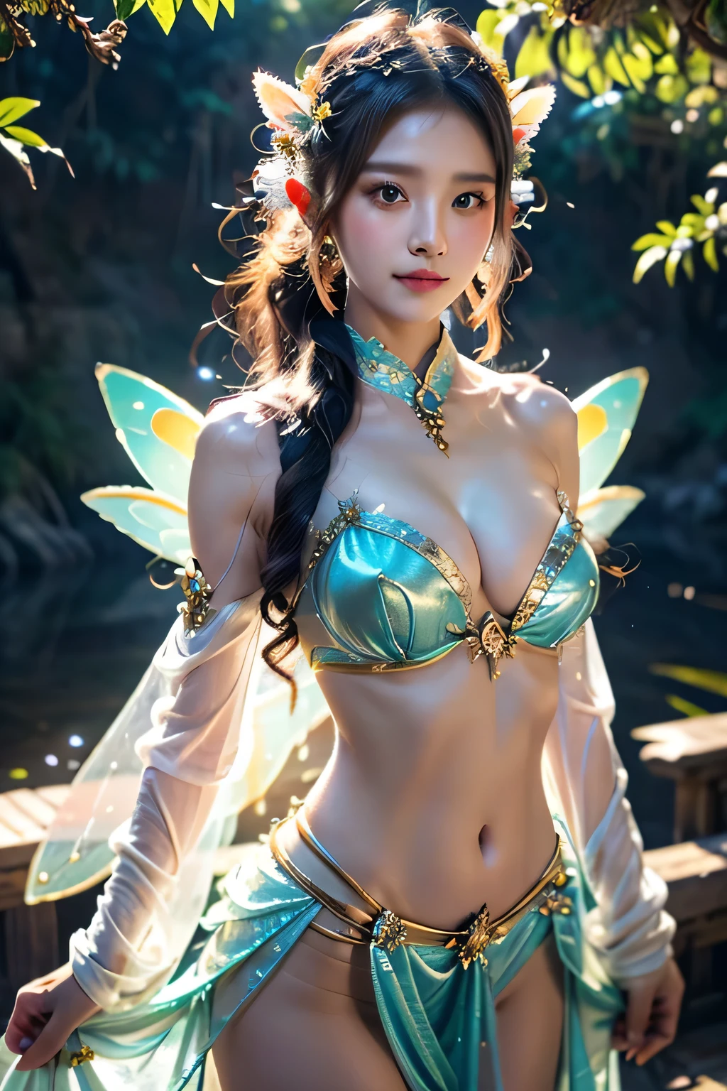 (masterpiece,best quality:1.4),(8k,raw photo,photo realistic:1.2),shiny skin,detailed skin,detailed face,detailed eyes,1girl,Japanese idol,beautiful face,(Shining Eyes:1.2),Kind eyes、smile、Symmetrical eyes、Mysterious sheer costume、Mysterious Background、Great location、Emphasized breasts、Outstanding proportions、Mysterious and sexy,Cute Face、Chinese fantasy historical drama,A flower-filled paradise,((Little Fairy))