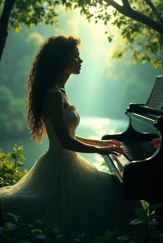 Profile picture, silhouette of woman long curly hair playing piano and singing in nature