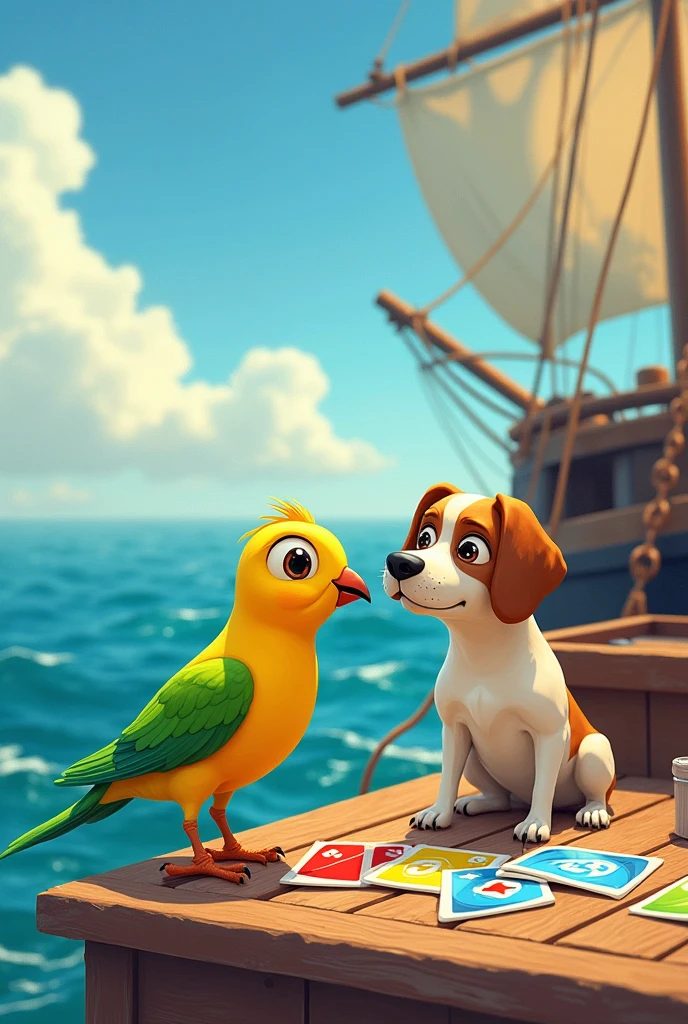 a yellow and green bird and a Brown and white dog playing UNO on a ship in the middle of an ocea 