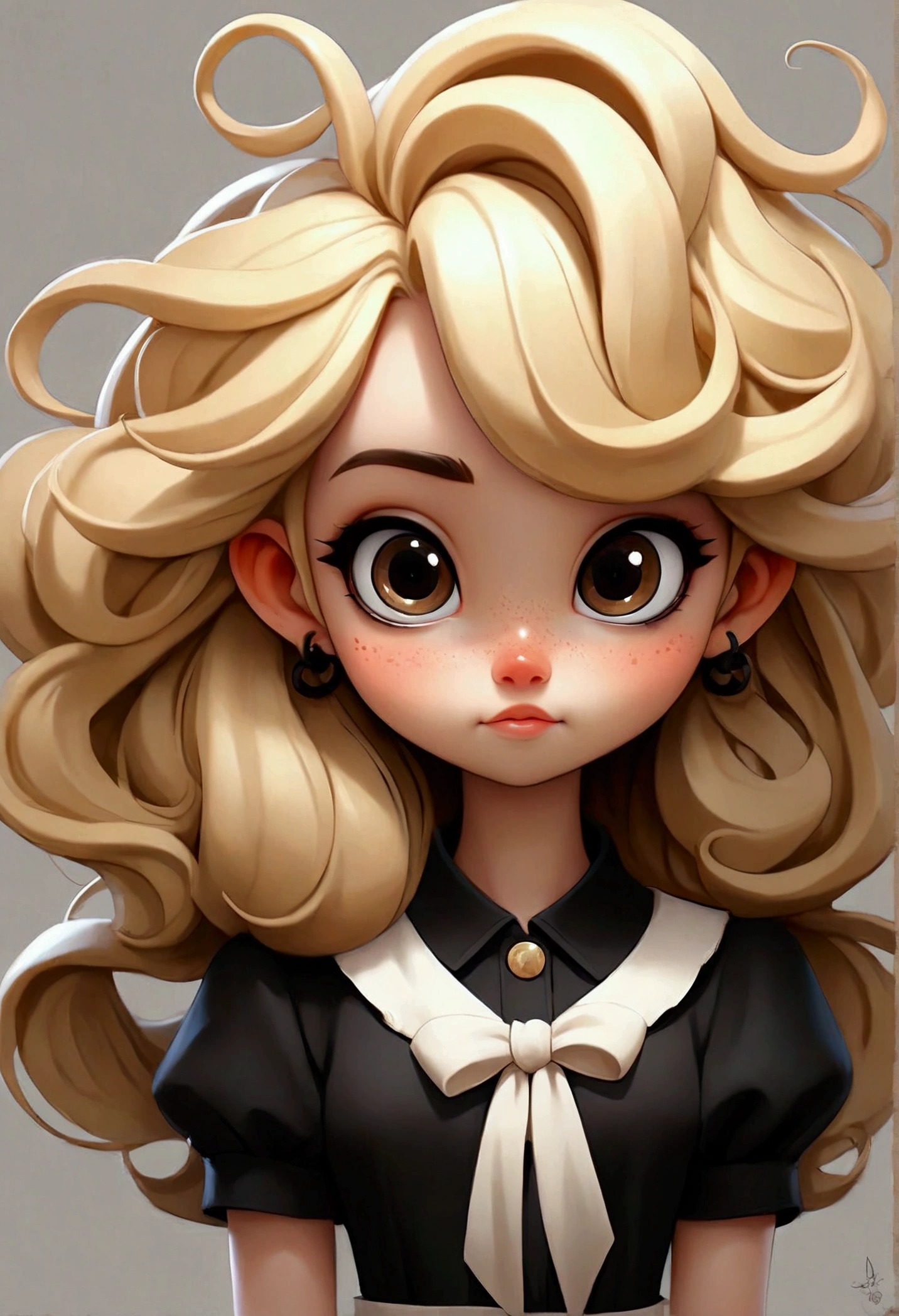 Cartoon full body、Pop Surrealism、Age: 、Realistic painting、Detailed anime soft face、cute漫画のキャラクター、cute漫画スタイル、cute漫画、cute！Her hair is long and curly.、Blonde Hair、smile、The background is a white living room、She is wearing a black dress。