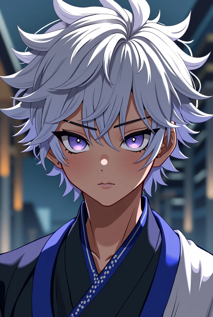 Chika is a striking figure with a commanding presence, effortlessly blending sharp facial features with a distinct and culturally rich attire. His short, spiky hair is a beautiful snow white, and the inner side of his hair is dyed midnight blue, giving him a unique contrast to his siblings. His hair, though slightly messy, is styled with precision, giving him an air of deliberate, charismatic nonchalance. His skin is a deep, rich brown, creating a powerful and captivating contrast with his hair. This contrast is further enhanced by his intense eyes, which are deep-set and brimming with a quiet intensity. The eyes are a focal point of his face, drawing in anyone who meets his gaze. The irises are a pale, ethereal lavender, almost glowing. The eyes are framed by long, delicate eyelashes that further enhance their intensity. His expression is typically calm and composed, but there is always a slight smirk playing on his lips, hinting at an underlying confidence and perhaps a touch of cunning.
