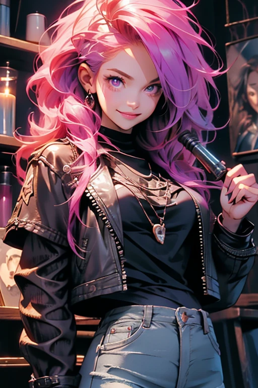 Perfect face. Perfect hands. A pink haired woman with violet eyes and an hourglass figure in a leather jacket and jeans is smiling while holding a flashlight in a haunted house.