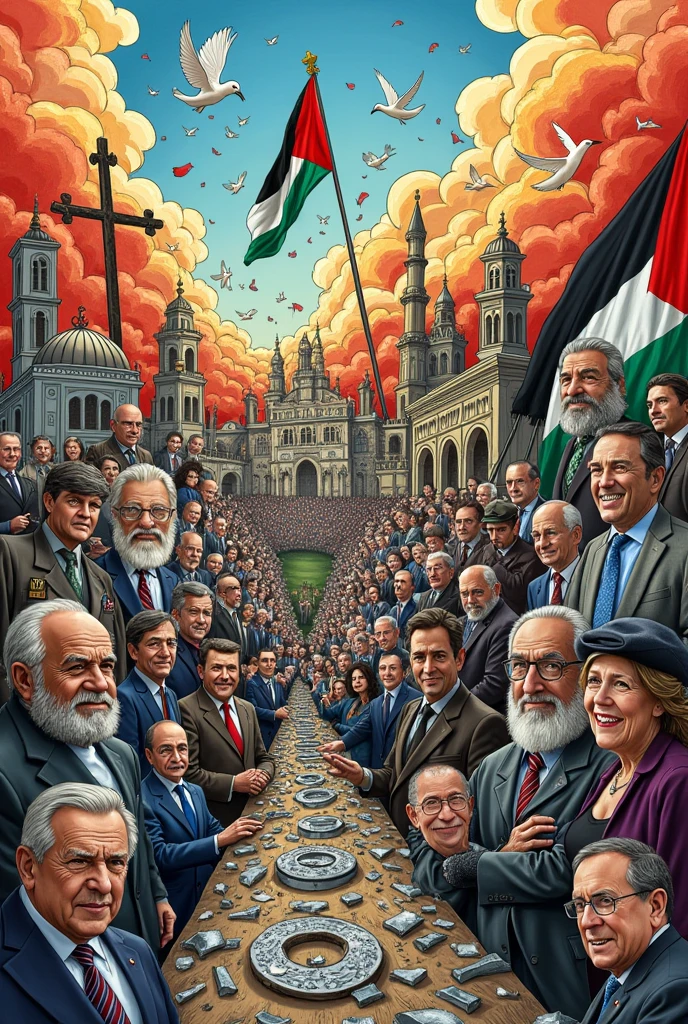 You need to act like a tenth grade student and you have to make a drawing that represents what is currently happening and what you interpret in the conflict between Palestine and Israel., that it is very creative and cartoonish that you have a lot of variety and creativity try to make it more like chaotic