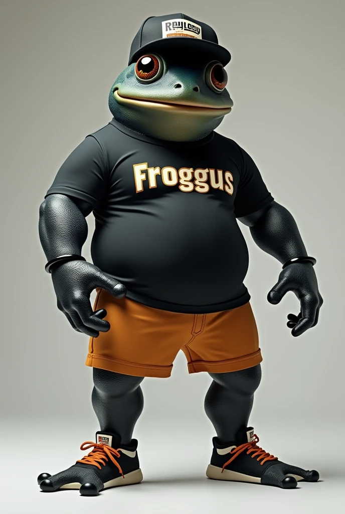 Humanoid black frog with athletic body, meme type, wearing cap, Froggus t-shirt, shorts and sneakers, uncuffing his hands