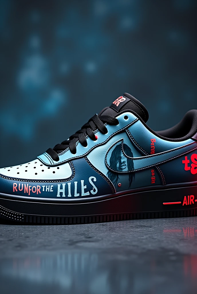 design for me an air force 1 show. Make it a Tate mcrae ( the singer) theme from the video run for the hills on youtube design colored by dark blue, white, black and red with the text: run for the hills. I want another text: T8.