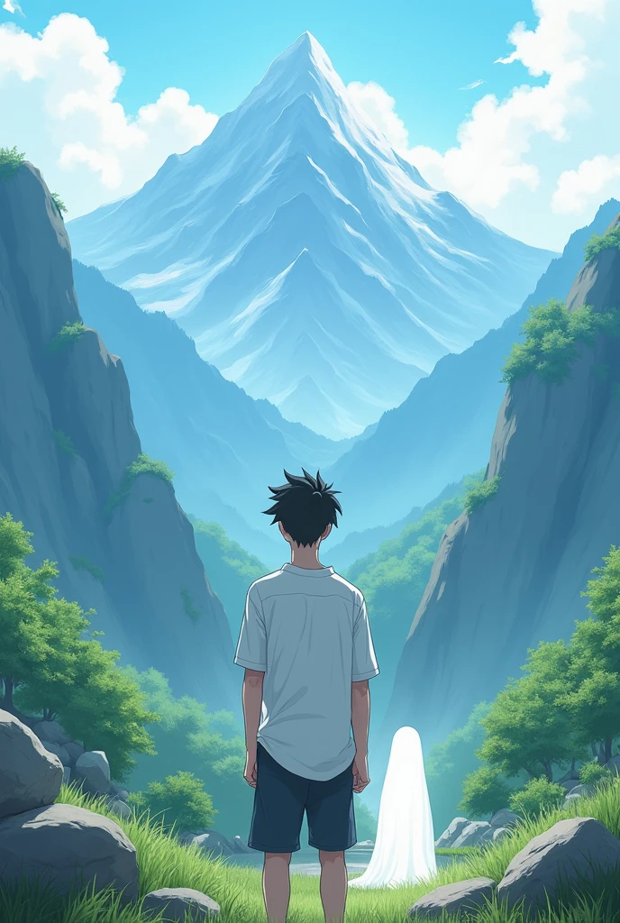 A anime boy which standing in center of mountain in fully peace wearing white shirt and show him from backside. a white entity also standing in side of the character (17yrs old boy and entity also)