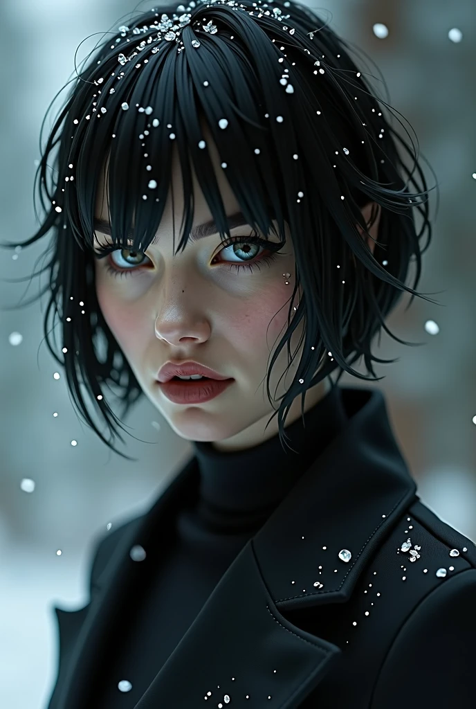 a handsome 25 year old women, short black hair, cold grey eyes, cold expression, arrogant, wealthy, wearing a black suit, detailed face, detailed eyes, detailed nose, detailed lips, intricate details, cinematic lighting, dramatic chiaroscuro, realistic, photorealistic, highly detailed, 8k, sharp focus, masterpiece, studio lighting, physically-based rendering, winter, jujitsu kaisen