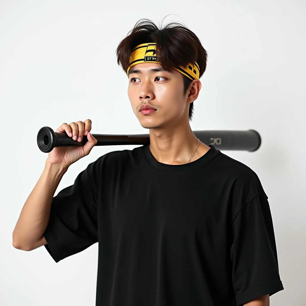 Remaja pria korea memakai kemeja hitam
dengan rambut berwarna coklat memakai headban berwarna kuning hitam expresi dingin dan cuek ,ultra hd,ultra 4k,realistis, background putih, foto sepinggang,kedua pose tangan memegang tongkat bisbol yang di sandang di bahu sebelah kiri,pose kepala agak mendongak ke atas