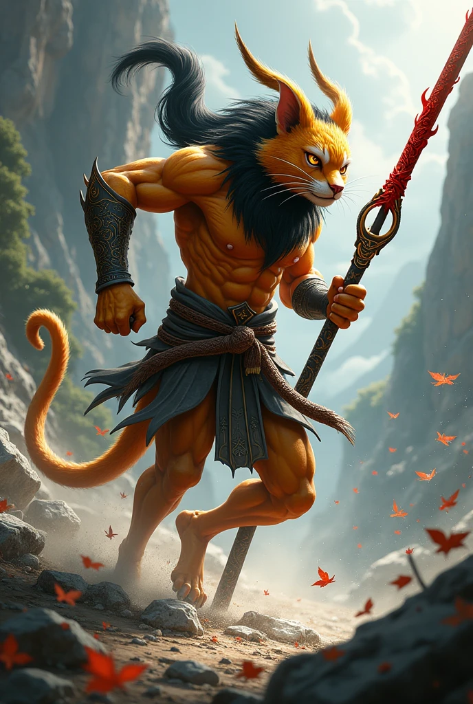 DnD Character, tabaxi with feline features, 180cm tall, 80kg weight, athletic body, blackquality hair, golden fur, pointy ears, small snout, amber eyes, monge, similar to wukong, fight with a red and black stick