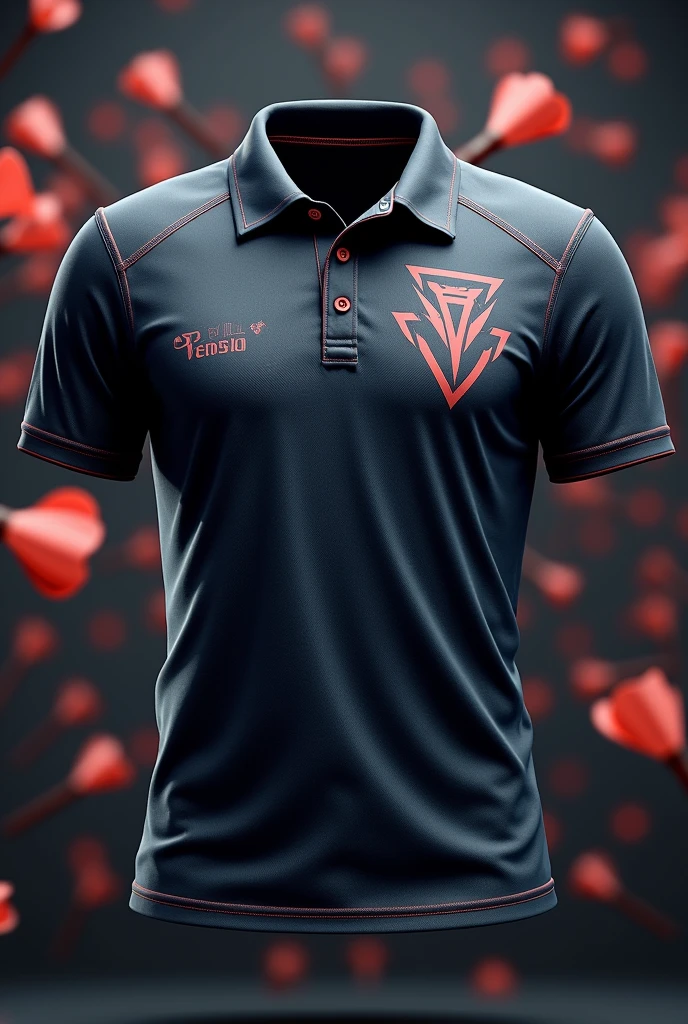create sublimated dart polo shirt with VENSIO INDUSTRIES letters on it without wear with dart background