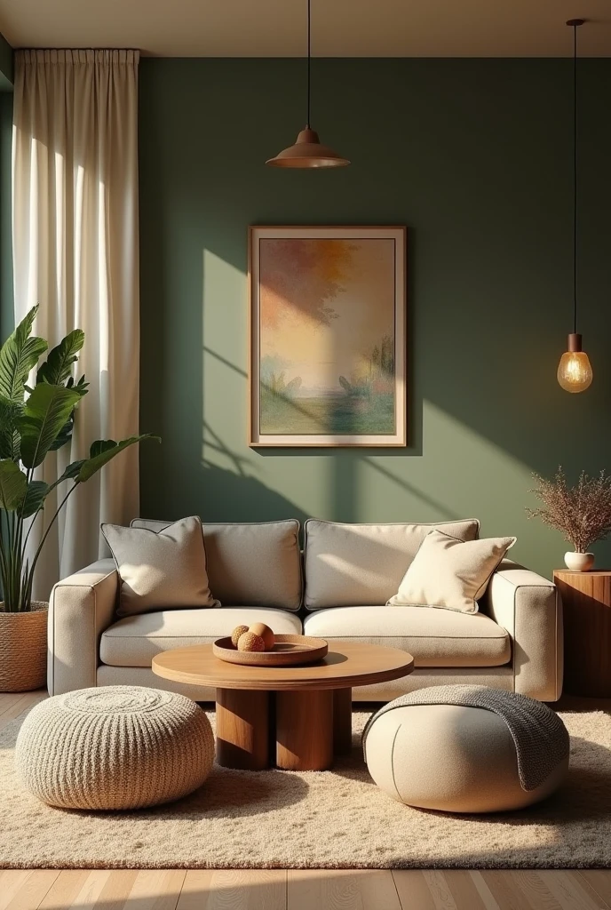 uma sala de living com sofá, armchairs, organic carpet, shades of green and beige, warm lighting, Decorations, puffs, center table, photographic quality