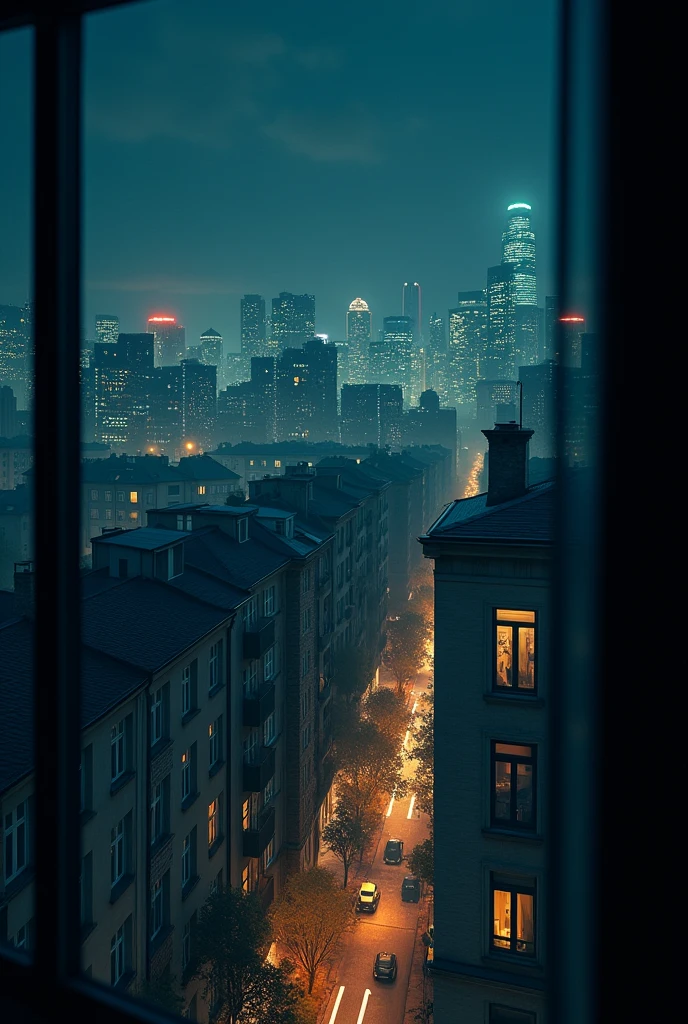 View from an apartment window, looking out onto the windows of other apartments nearby at night, image full of lights