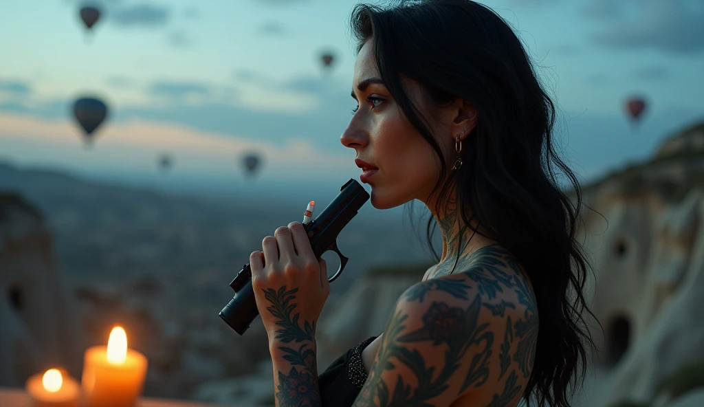 tatuados,Very beautiful big breasts、Very large bust、(Holding a cigarette)Gazing into the distance、(Dark Suit)(Holding a pistol),(Back tattoo、Many tattoos on both arms and neck)、 (Cappadocia(Türkiye) - A fantastical landscape of strange rock formations and hot air balloons),Candlelight only,Very detailed, 2, A beautiful woman,Depressed face, Black Hair,Medium Wavy Hair, blue eyes, High resolution, masterpiece, Highest quality, Intricate details, Very detailed, Clear focus, Delicate skin, practical skin texture, texture, Delicate eyes, Professional, 8k, Sad face,despair、 Shot with Canon, 85mm, Shallow and deep, Kodak Vision Color, Exactly, Very detailed, photograph_\(Extremist\), photographpractical, practical, Post-processing, Maximum details, Roughness, Real Life, Extremist practical, Photorealism, photographgraphy, 8k ウルトラ HD, photographgraphy