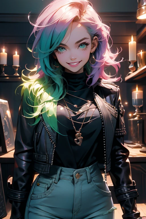 Perfect face. Perfect hands. A light purple haired woman with green eyes and an hourglass figure in a leather jacket and jeans is smiling while holding a flashlight in a haunted house.