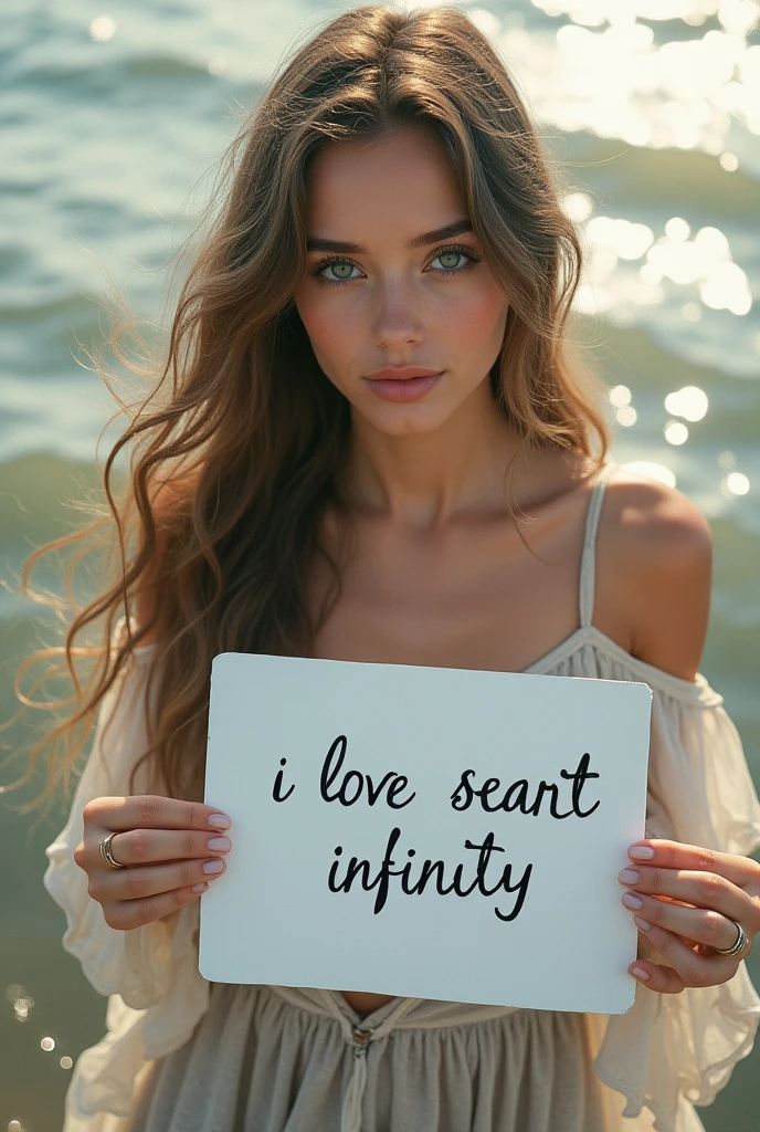 Beautiful girl with wavy long hair, bohemian dress, holding a white board with text "I Love Seaart Infinity" and showing it to the viewer