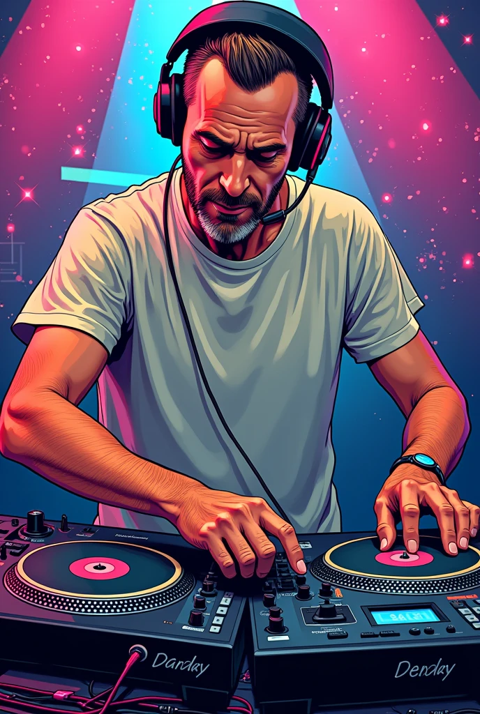 dj, headphones, Techno, turntables, 40 year old man, comic Style, short hairs, Dancer,  t Shirt,