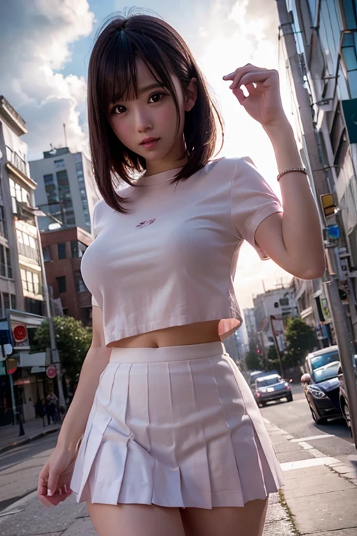 best quality, wet shirt, Japan person, cute, girl, sheer underwear, red underwear, city, buildings, skirt up, small, gal, brown hair