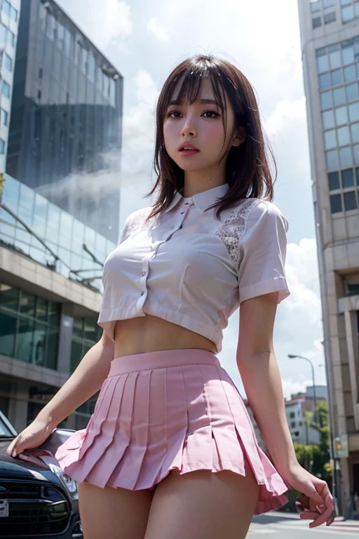Giantess wearing white lace panties, Pleated mini skirt, Pink Shirt, Smashing through city buildings and cars, Smoke rising, cloud, evil, Realistic lighting, High Jump, Under,
