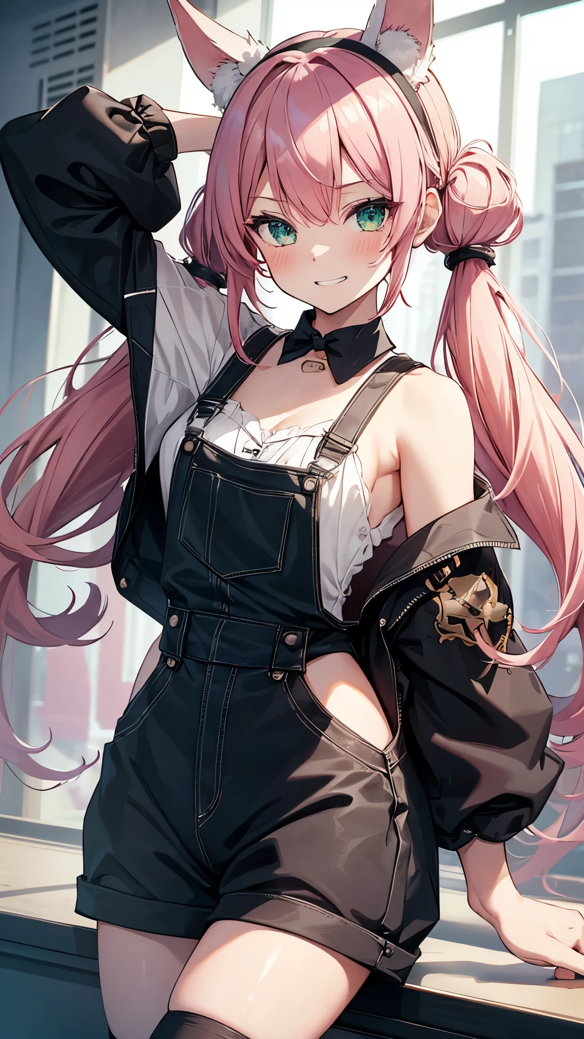 1girl,grin,top-quality,Top image quality,in 8K,4K,masterpiece,ultra-detailliert,Beautiful、ultra-quality, best quality,high resolution, ultra-detailed,game cg,dutch angle ,beautiful detailed eyes, visualart,five fingers, perfect hands,beautiful girl,BREAK,(chibi:1.2),slender,(flat chest),long hair,pink hair,(half twintails),emerald green eyes,(Rabbit ear hair bands),(Overalls),blush,