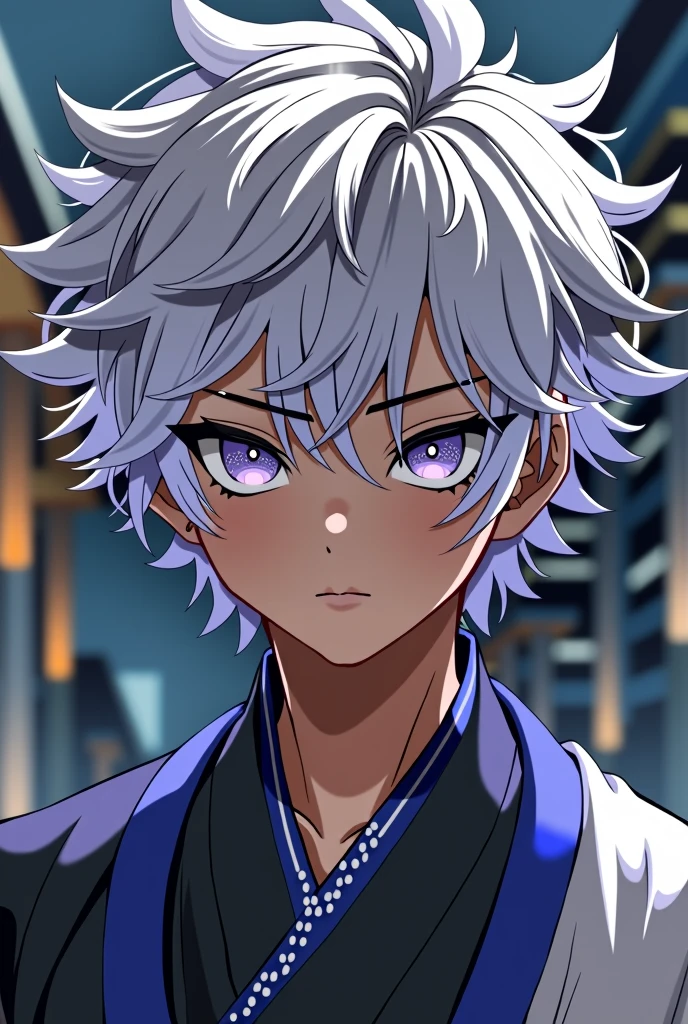 Chika is a striking figure with a commanding presence, effortlessly blending sharp facial features with a distinct and culturally rich attire. His short, spiky hair is a beautiful snow white, and the inner side of his hair is dyed midnight blue, giving him a unique contrast to his siblings. His hair, though slightly messy, is styled with precision, giving him an air of deliberate, charismatic nonchalance. His skin is a deep, rich brown, creating a powerful and captivating contrast with his hair. This contrast is further enhanced by his intense eyes, which are deep-set and brimming with a quiet intensity. The eyes are a focal point of his face, drawing in anyone who meets his gaze. The irises are a pale, ethereal lavender, almost glowing. The eyes are framed by long, delicate eyelashes that further enhance their intensity. His expression is typically calm and composed, but there is always a slight smirk playing on his lips, hinting at an underlying confidence and perhaps a touch of cunning.