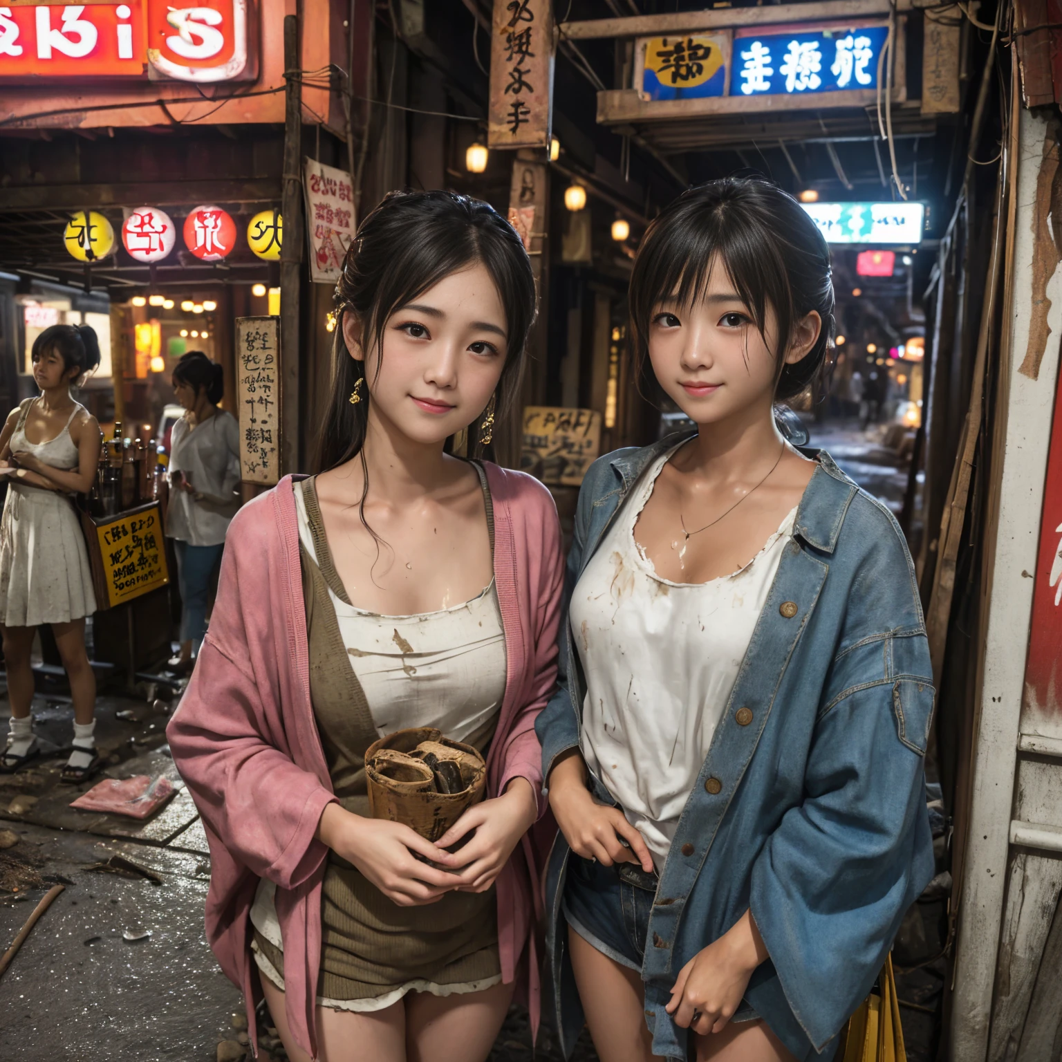 
((masterpiece、Highest quality))、Beautiful girls gather.、Three girls in summer clothes、(Showa Retro:1.2)、(Detailed and cute face:1.3)、(Poor conditions、smile、Japan's poor neighborhoods、Dim and unsanitary、Standing Bar、みんなで楽しくdiet、Crumbling underground shopping mall:1.3)、屋台のdiet店、stage、sewage、Dirty shop、street vendors、Unsanitary and abandoned city、smile、diet、Poor person々