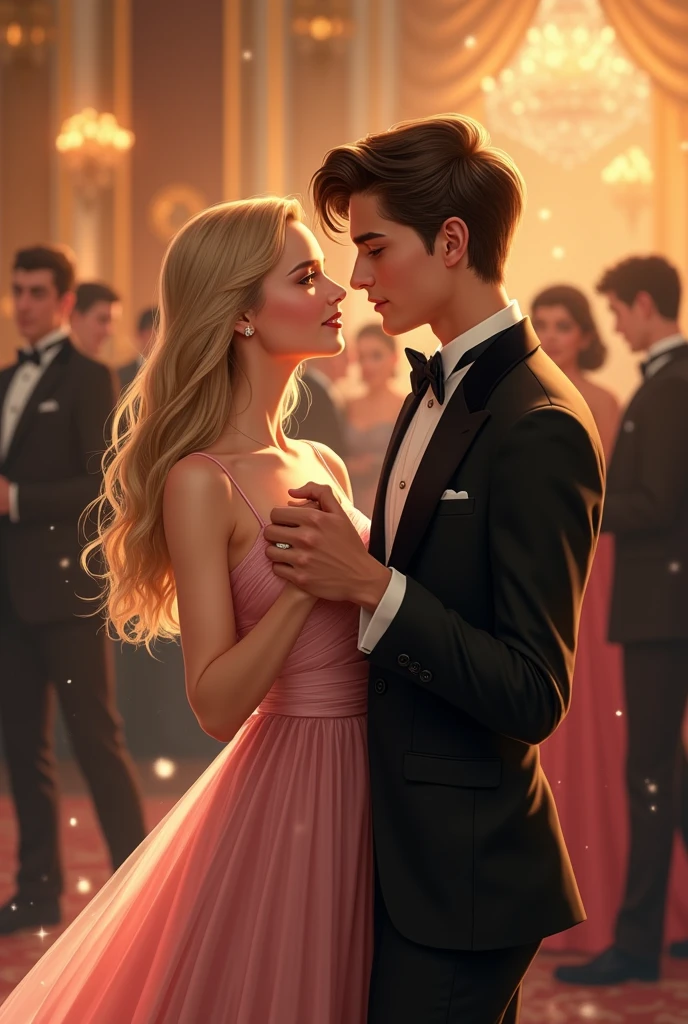 A beautiful young girl of twenty years and a handsome young boy of twenty years dancing together hand in hand on a ball party. The girl has long blond straight hair and fair complexion. She is wearing a light pink ball gown with a thin strap on shoulder. She has hazel eyes. The boy is fair complexion and dark brown hair. He has brown eyes. He is wearing a black suit and has clean shaven face.