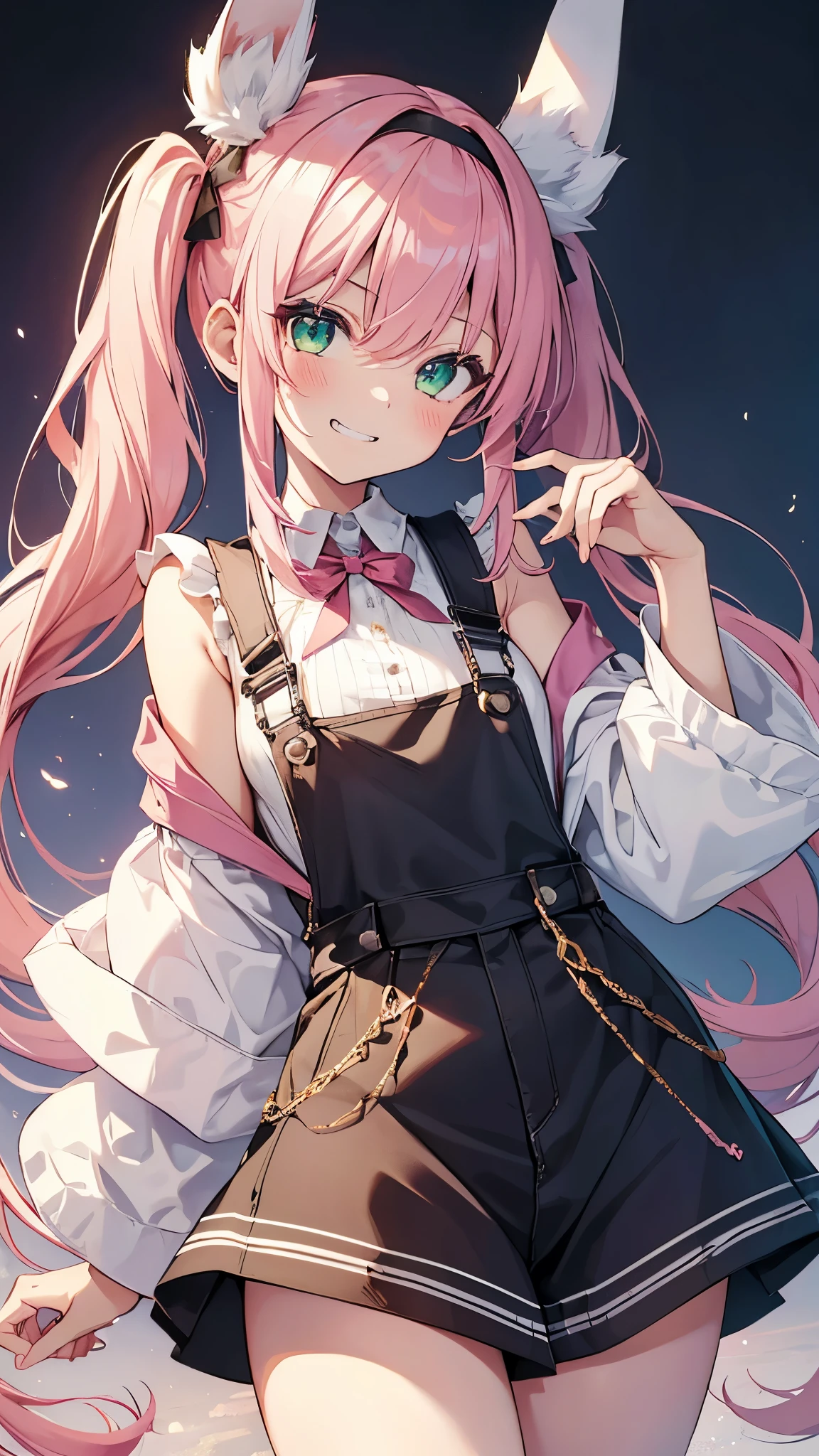1girl,grin,top-quality,Top image quality,in 8K,4K,masterpiece,ultra-detailliert,Beautiful、ultra-quality, best quality,high resolution, ultra-detailed,game cg,dutch angle ,beautiful detailed eyes, visualart,five fingers, perfect hands,beautiful girl,BREAK,(chibi:1.2),slender,(flat chest),long hair,pink hair,(half twintails),emerald green eyes,(Rabbit ear hair bands),(Overalls),blush,
