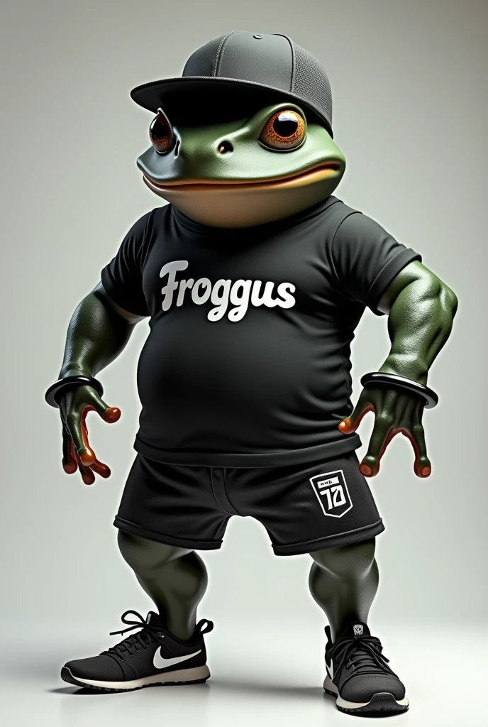 Humanoid black frog with athletic body, meme type, wearing cap, Froggus t-shirt, shorts and sneakers, uncuffing his hands